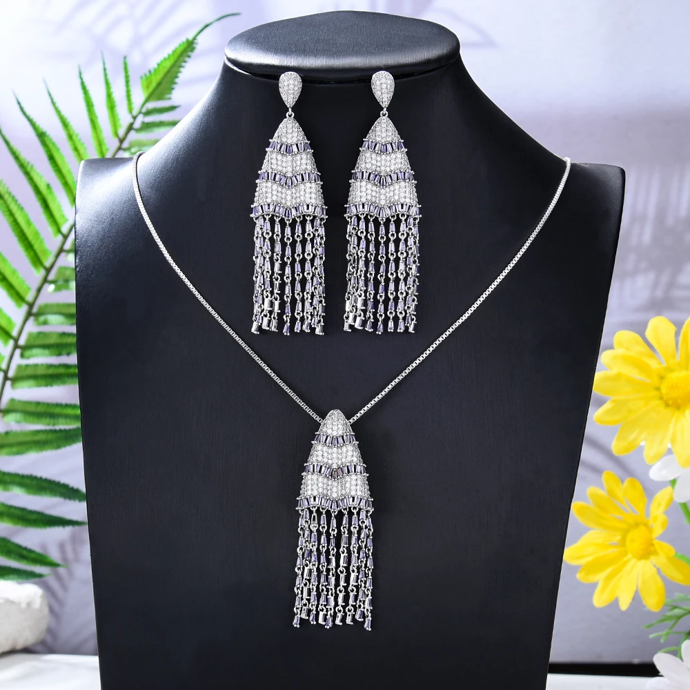 

GODKI Trendy 2pc Spring Long Tassel Necklace Earring For Women Wedding Party CZ Cubic Zirconia Earring High Jewelry Addiction