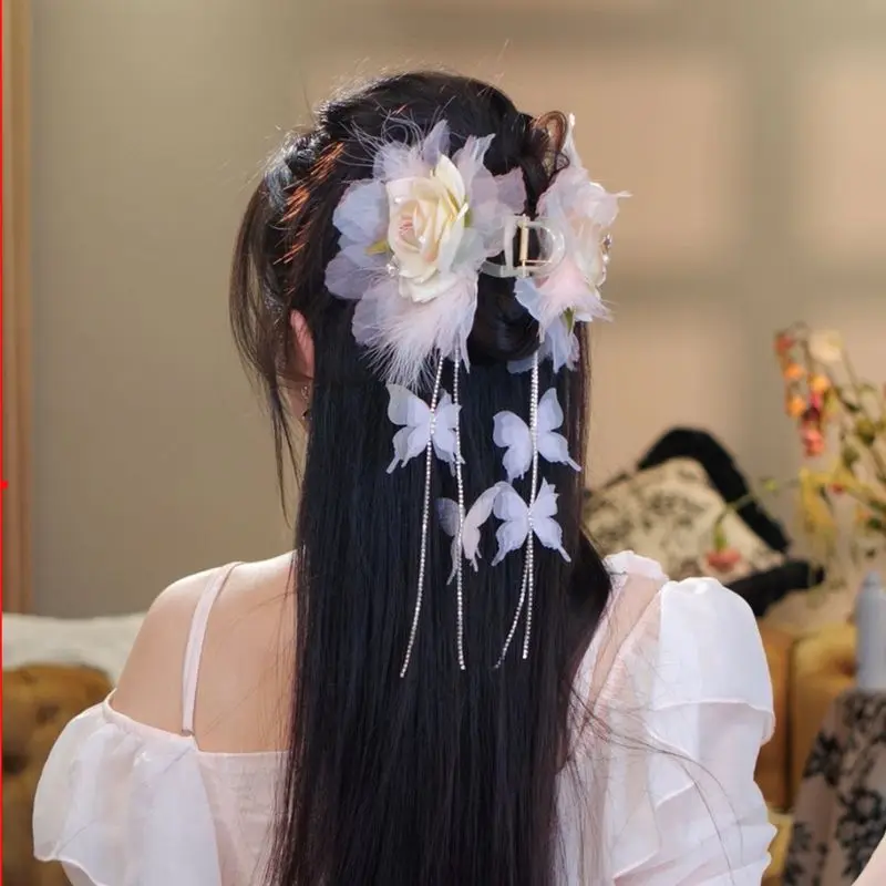 Butterfly Temperament New Chinese Style Flower Tassel Grab Clip Girls Women's Fashion High-end Feeling Shark Clip Hair Claw