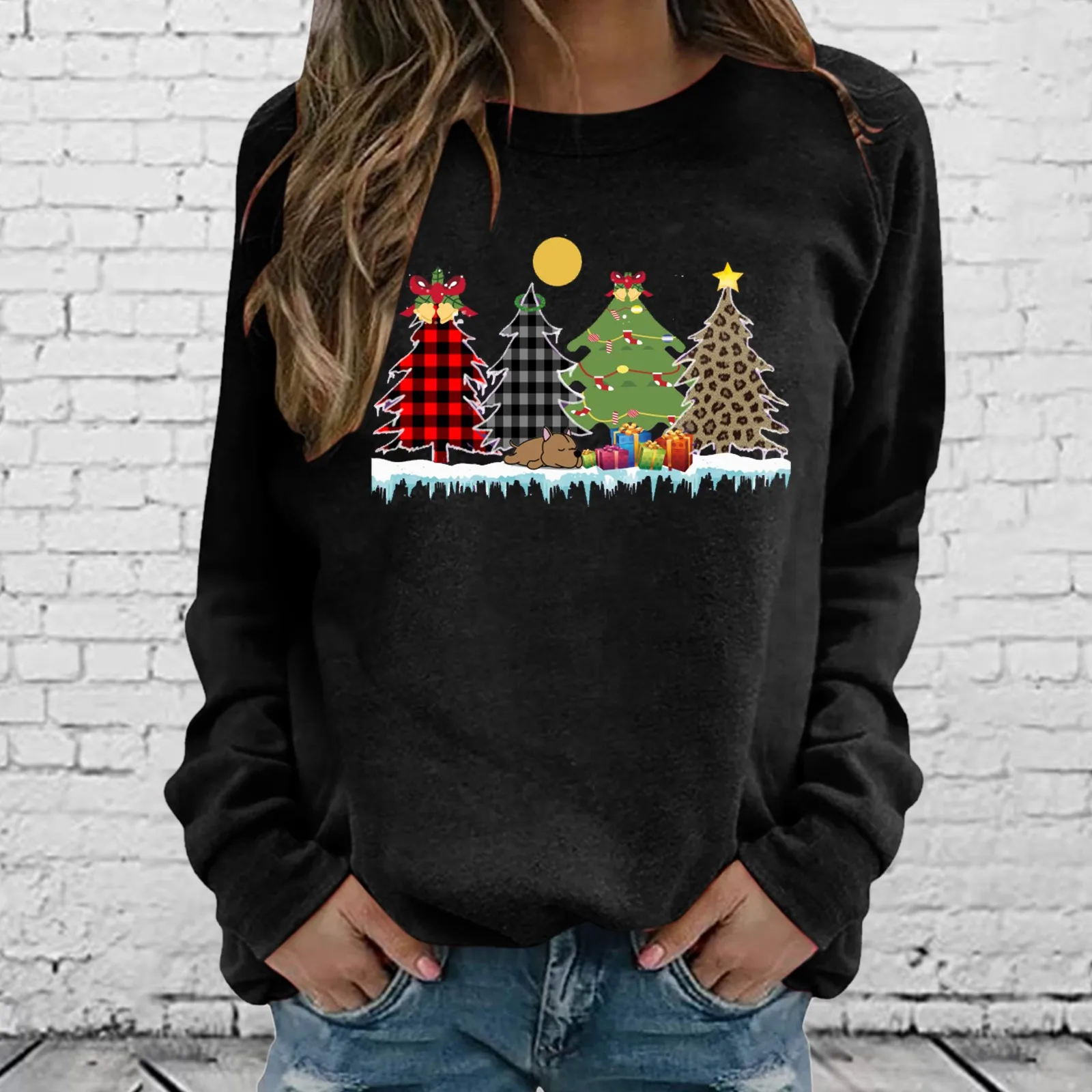 

O-Neck Pullovers Holiday Merry Christmas Clothing New Year Plaid Tree Trend Cute Women Casual Graphic Ladies Fleece Sweatshirts