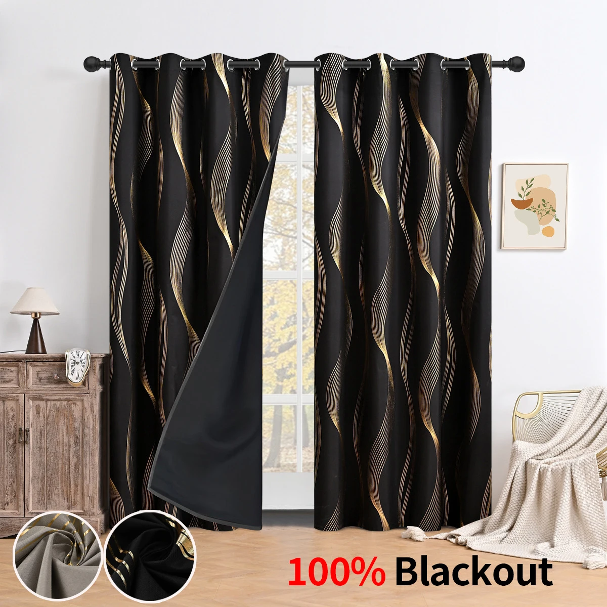 1panel 100% Blackout Hot Stamping Wave Perforated Curtain, Window Curtains for Living Room, Hotel Bedrooms, Draps Grommet Top