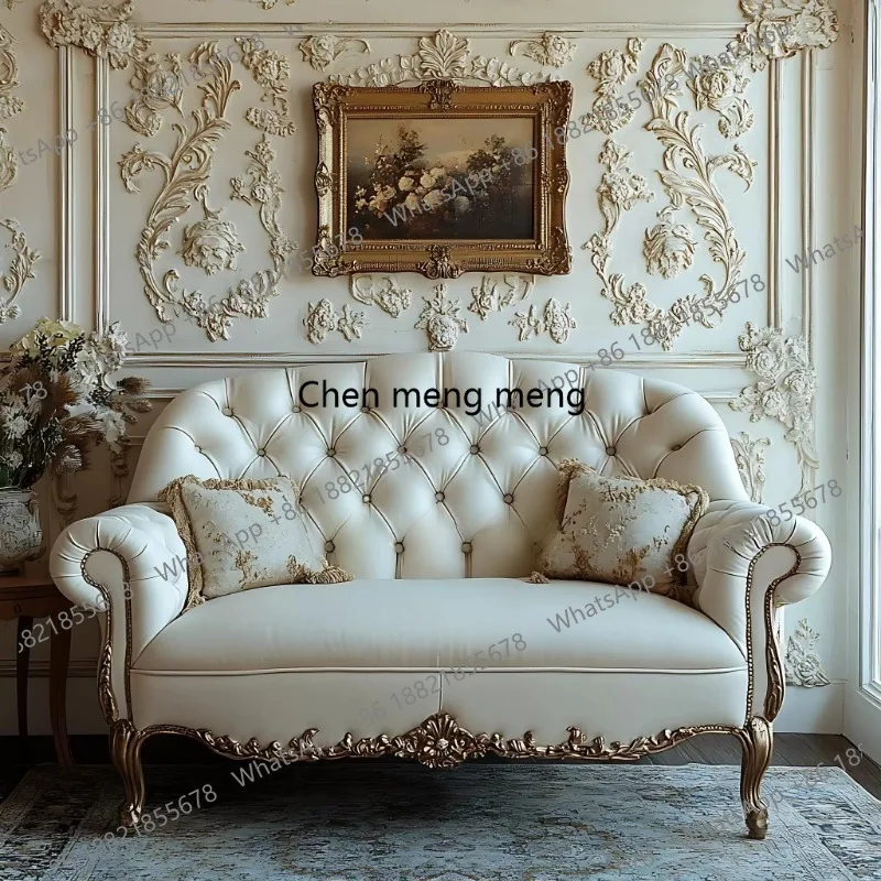 

French retro solid wood sofa/model room leather art, homestay reception buckle, medieval carved sofa