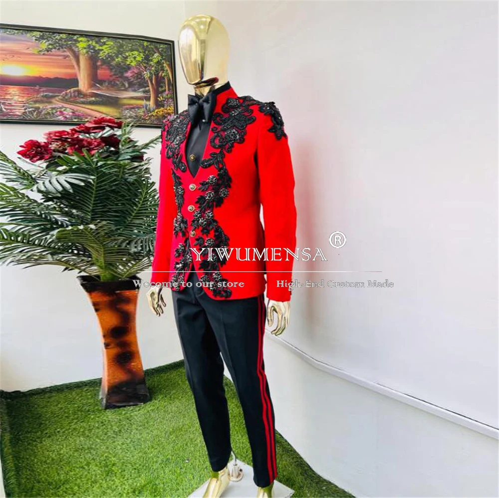 

Crystals Beading Suits Men For Wedding Luxury Red Jacket Vest Pants 3 Pieces Set Tailored Bridegroom Tuxedos Trajes Para Hombre