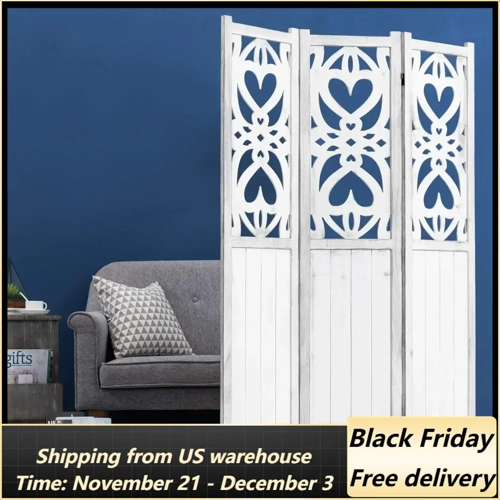 3-Panel Decorative Vintage White Cutout Heart Design Room Divider Folding Room Separator Screen Wall Separation Screens Home