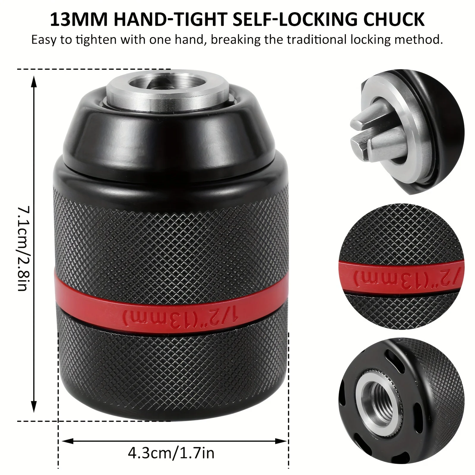 4set/set Drill Chuck Adapter Kit 1-13mm Self Tighten Hand Drill Chuck Keyless 1/2inch-20UNF with Shank 1/4inch Hex Shank 1/2inch