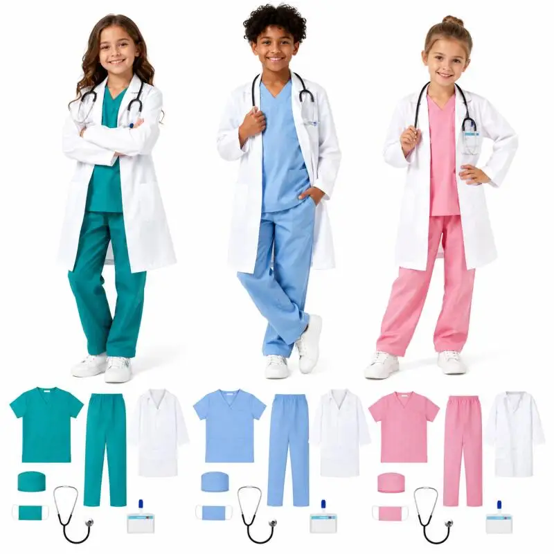 Doctor Lab Cosplay Costume Set for Boys Girls Medical Uniform Coat Top Pants with Stethoscope Mask Hat ID Badge Halloween Gift