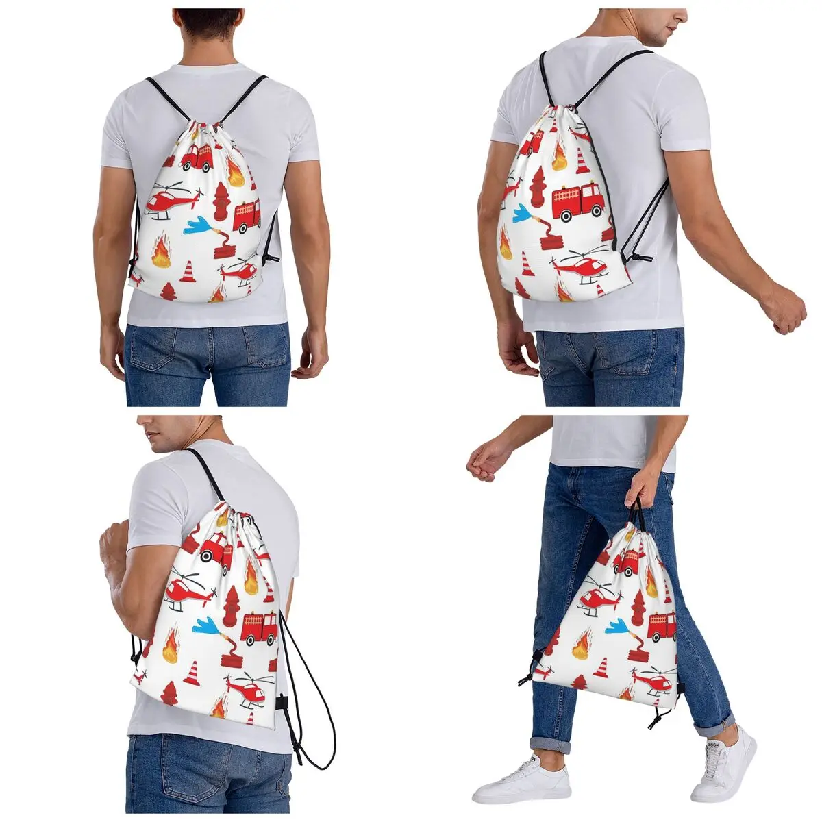 Red Transport Fire Truck Engine Brigade Backpacks Portable Drawstring Bags Shoes Bag Book Bags for Man Woman School