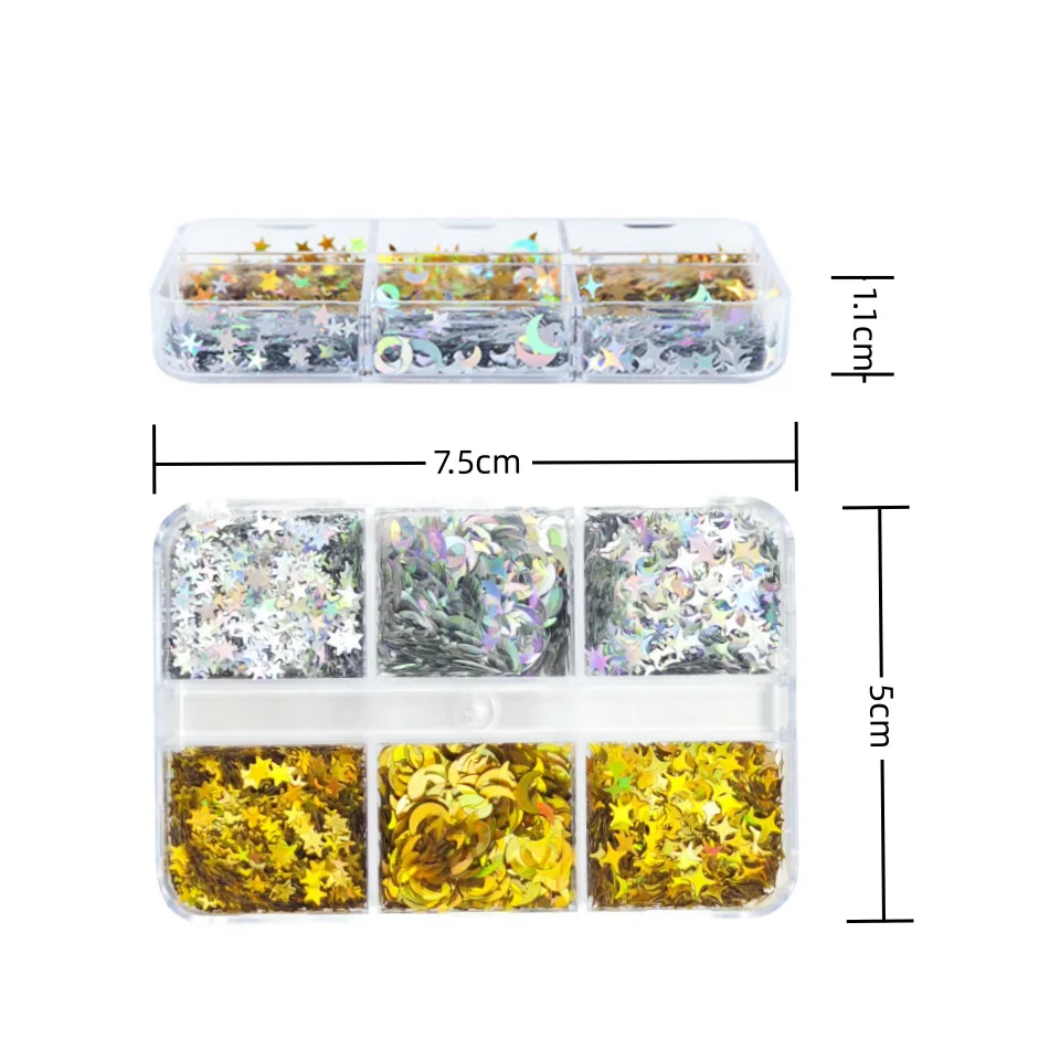 6그리드 글리밍 나이트스카이 네일 오너먼트 플레이크 크롬 홀로 실버 골드 스타 스팽글 세트 UV 젤 네일팁 메이크업 드롭 글리터 404