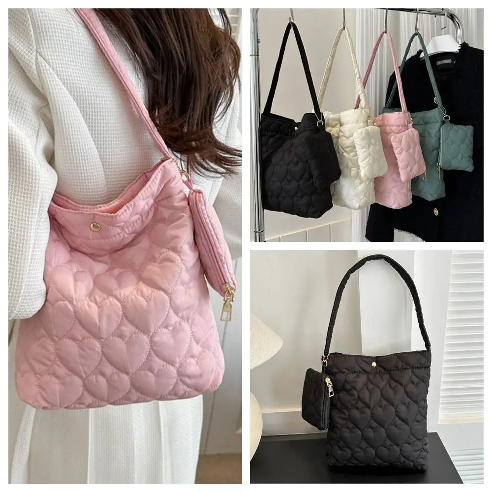 Simple Korean Style Space Cotton Tote Bag Large Capacity Heart Cloud Bag Plaid With Pendant Underarm Bag Office Worker