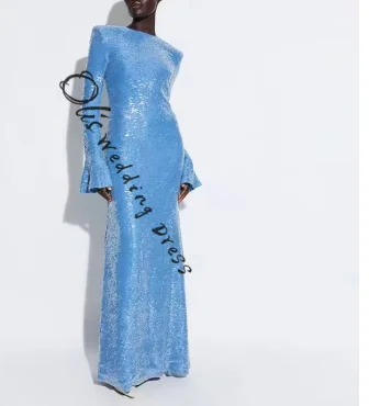 

customized Sparkly Sequins Mermaid Formal Evening Dresses Long Sleeves O-Neck Floor Customized prom Gowns Formal Party African