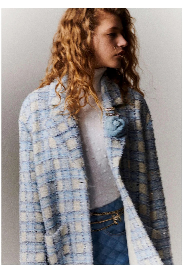 Women\'s Plaid Tweed Coat with Collar, Autumn and Winter Outwear, Small Fragrance, Long and Loose Coat, Blue, 33.7% Wool