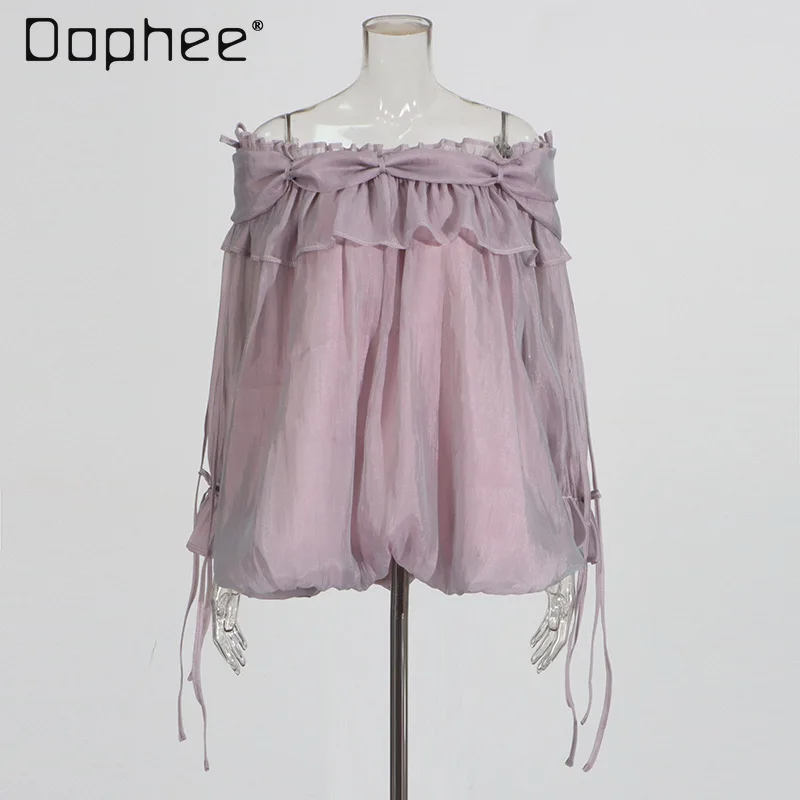 

French Sweet Retro Off Shoulder Strap Flared Sleeve Chiffon Shirt Fashion Solid Color Versatile Elegant Temperament Blouse Women