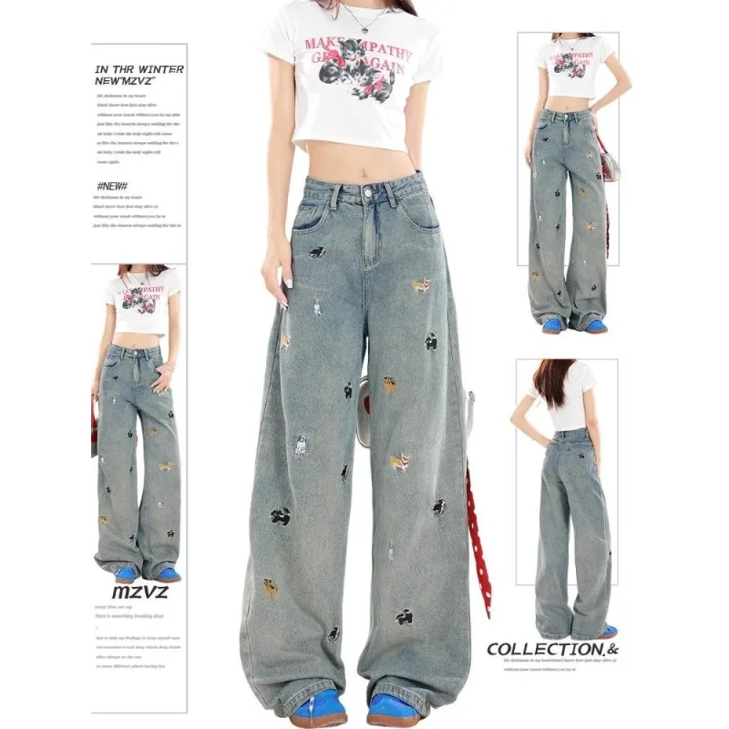 

Женские потертые джинсы с вышивкой в стиле ретро, летние американские свободные прямые брюки, универсальные длинные брюки, повседневные