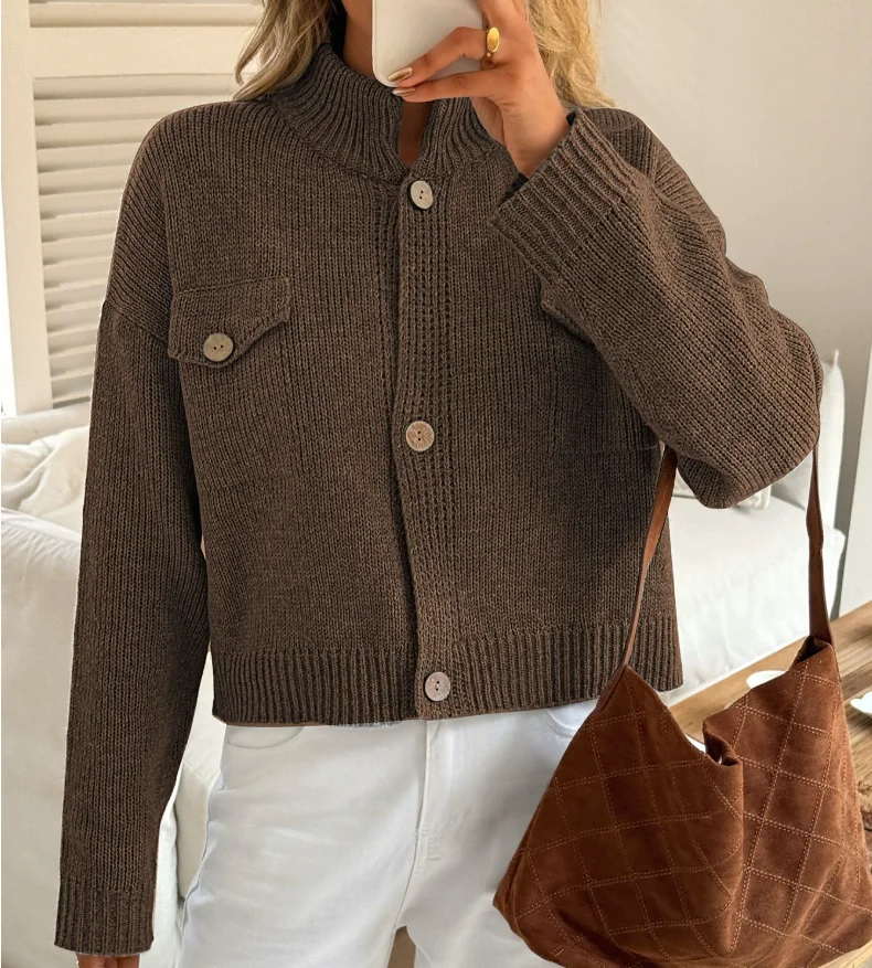 Otoño e Invierno nueva chaqueta de suéter informal ajustada con cuello levantado de Color sólido para mujer Chaqueta de punto con botones a la moda