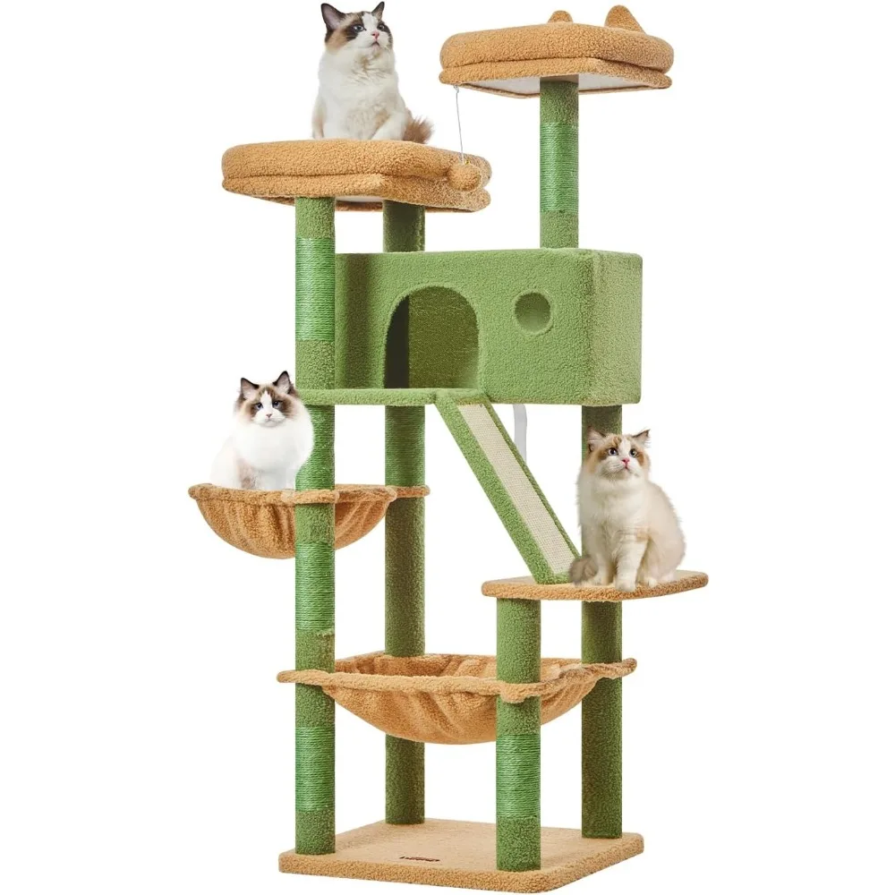 

Taoqimiao 57.5-Inch Cat Tree for Large Cats, Plush Multi-Level Cat Condo with 8 Scratching Posts, 2 Perches, Cave, Hammock, 2 Po