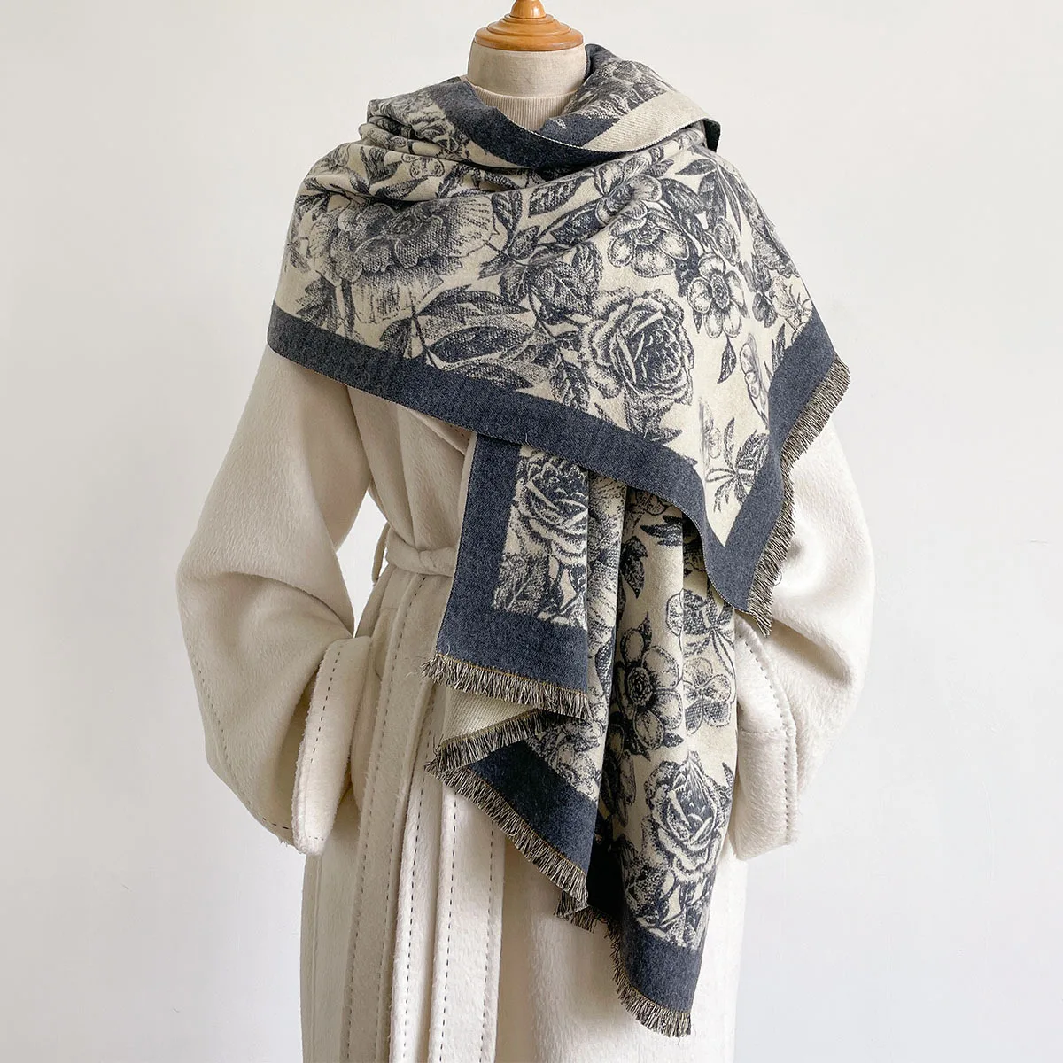 Winter Ladies Skin Friendly Cashmere Feel Retro Line Drawing Botanical Scarf Large Fringed Shawl Wrap Warm Neck Accessory