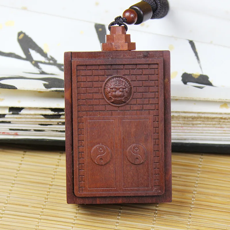 Traditional Chinese Hand Carved Thunder Struck Jujube Wood Gold Gilded Three Pure Ones Mini Shrine Pendant Lucky Blessing Protec