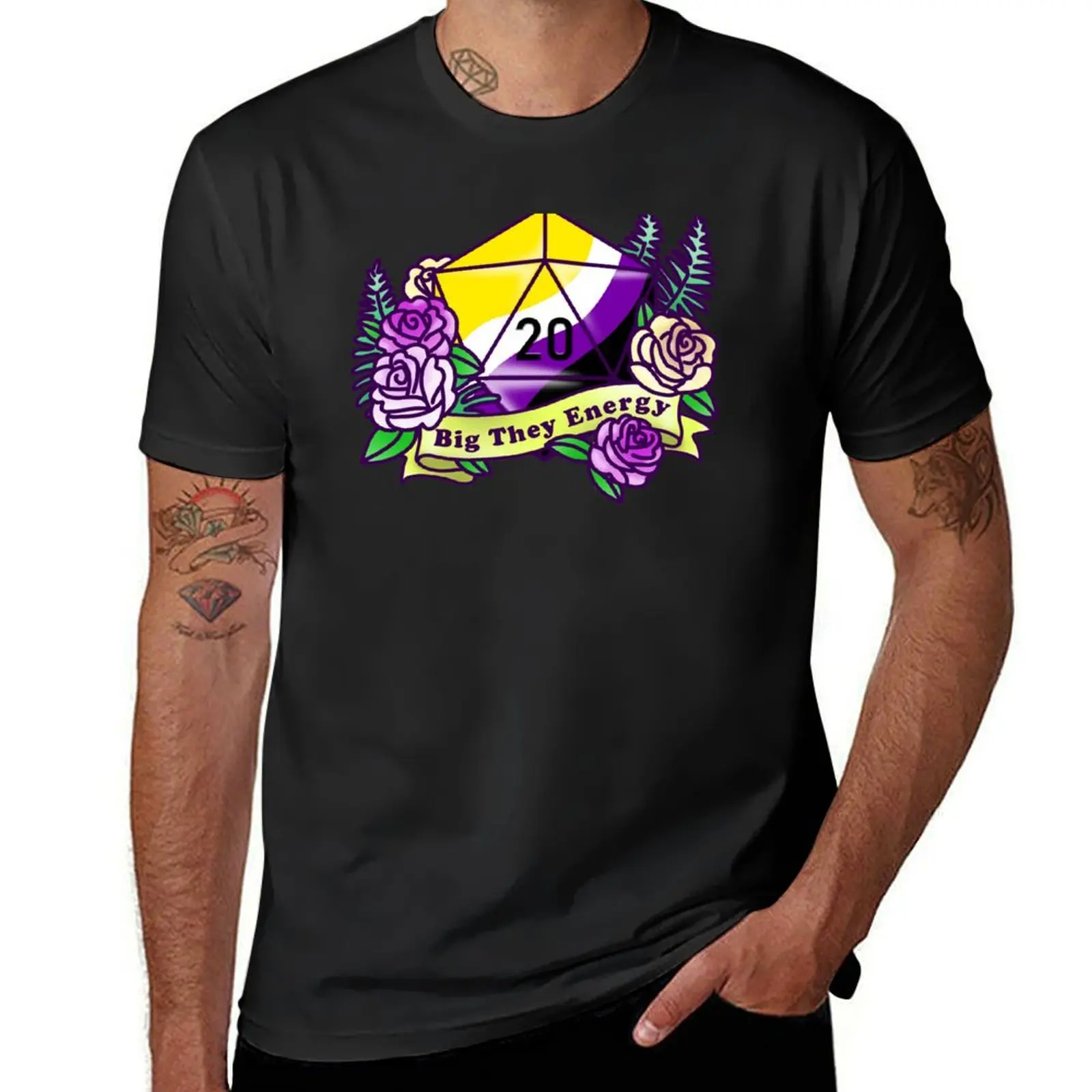 

Big They Energy D20 Role Playing Dice Non Binary Pride Flag With Roses T-Shirt plus sizes customs t shirts for men