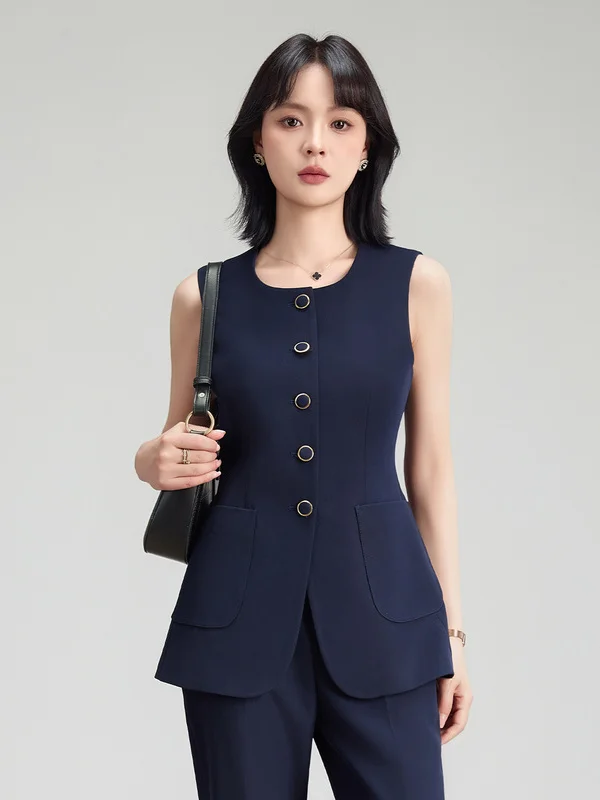 Business Women's Royal Blue Suit Vest Set Commute Outerwear Professional Interview Formal Two-Piece Jacket Top Ensemble