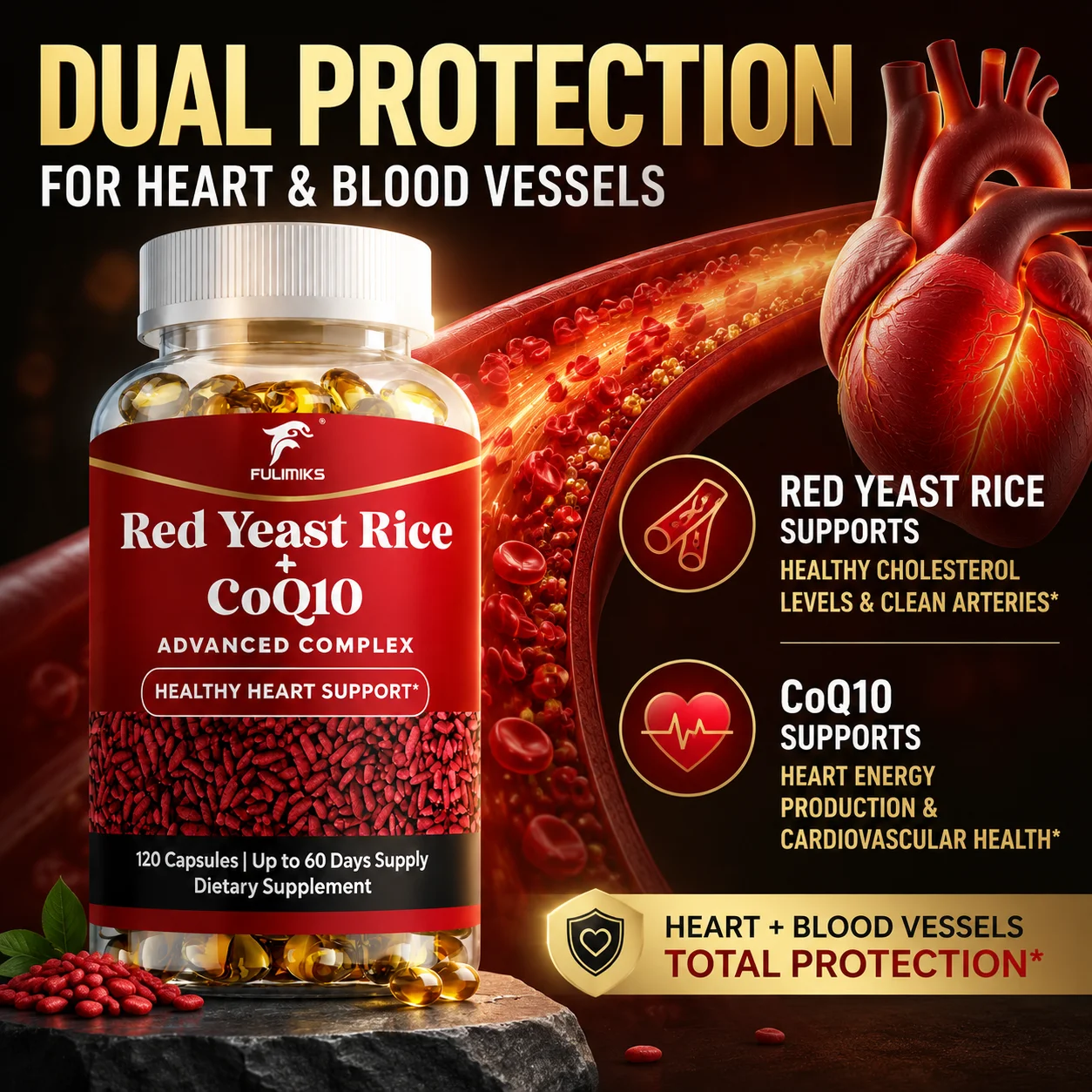 Red Yeast Rice with CoQ10 Supplement Support Cholesterol, Energy, Antioxidant, Heart, Lipid, Blood Sugar & Cardiovascular Health