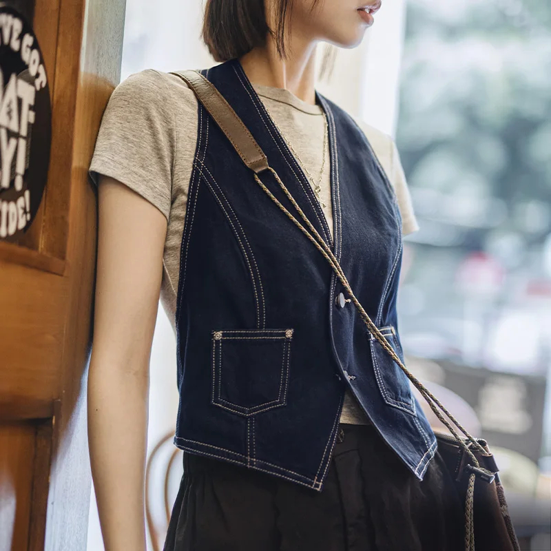 Maden Women's Vintage Heavyweight Denim Vest V-Neck Sleeveless Strapless Blue Tank Tops Y2K Backless Sexy Summer Layering Piece