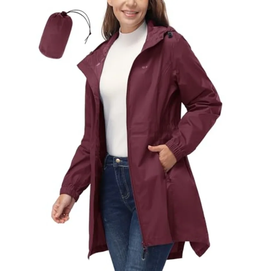 

33, 000Feet Women's Waterproof Long Rain Coats Packable Rain Jacket with Hood Trench Coats Windbreaker