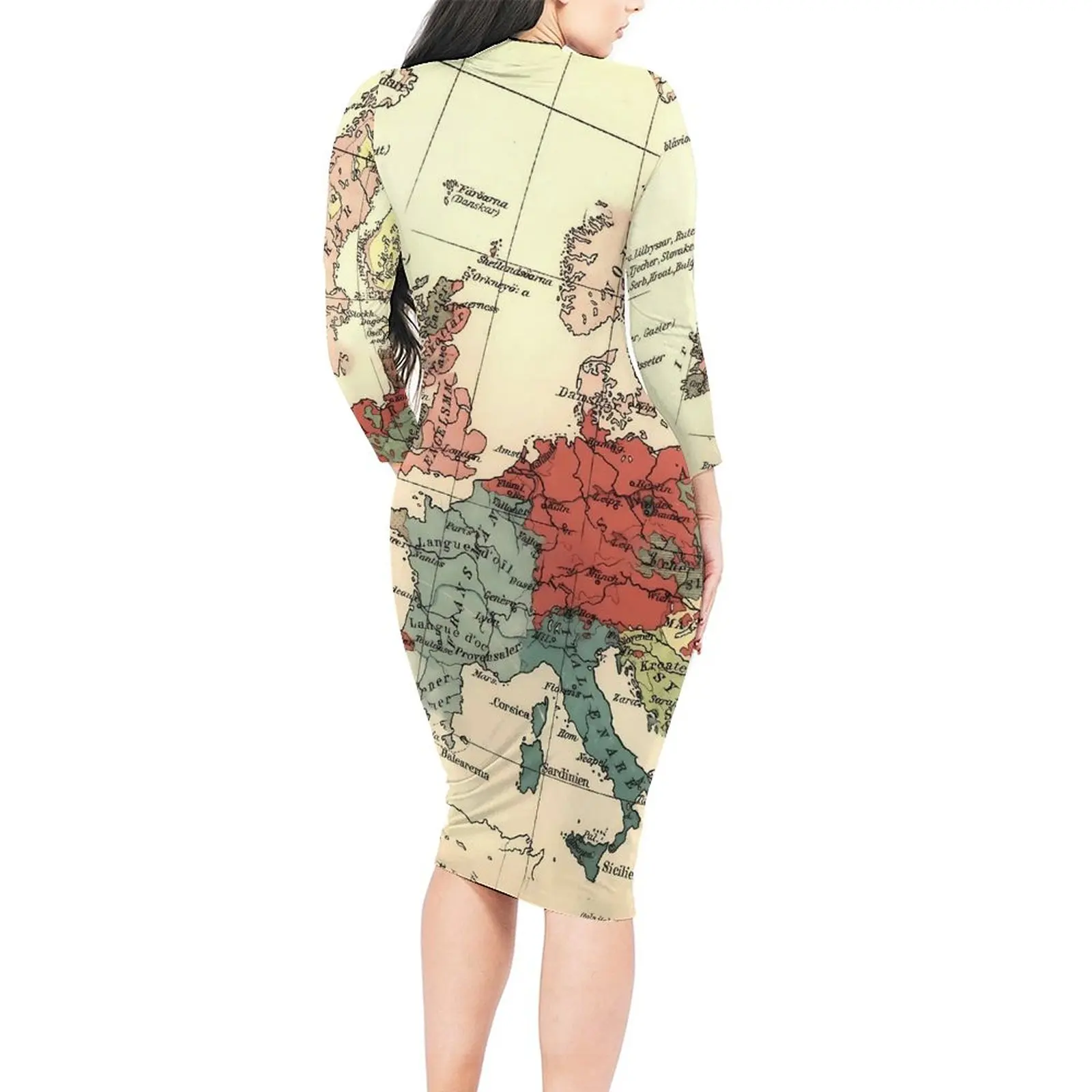 Europe Map Bodycon Dress Autumn Countries World Cute Dresses Woman Long Sleeve Printed Aesthetic Dress Big Size 4XL 5XL