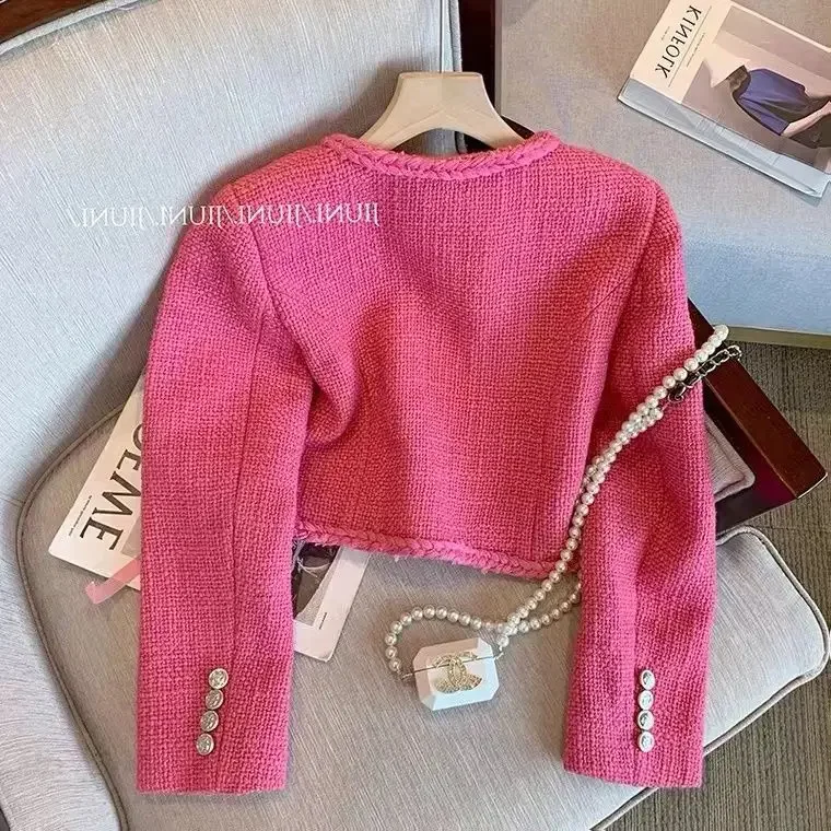 Frauen Frühling Herbst Rose Blazer Jacke Metall knöpfe grobe Tweed Anzüge Mantel hohe Taille ol Strickjacke Langarm Crop Tops 2023