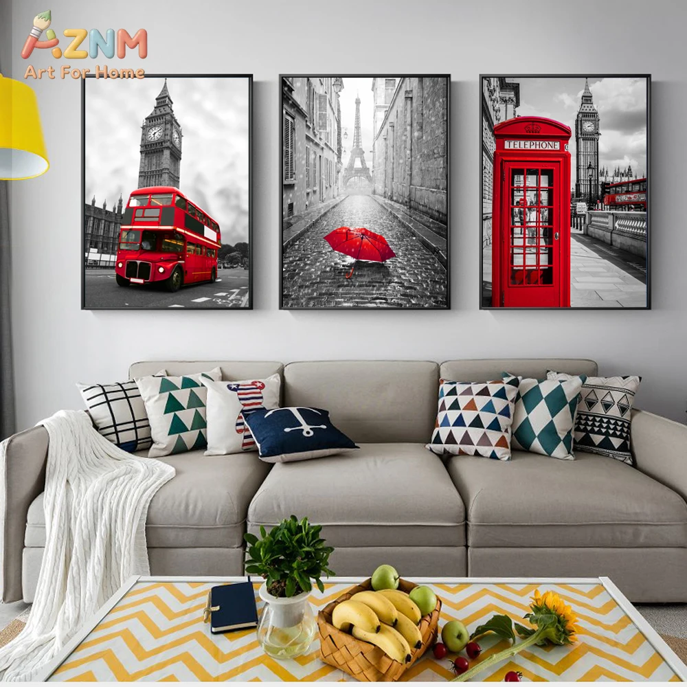 AZNM London Paris Cityscape Canvas Wall Art Red Bus Telephone Booth Umbrella Black White Travel Aesthetic Unframed Home Decor Pr