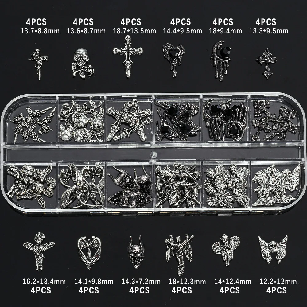 60pc 12Grid Gothic Punk Style Nail Art Charms Antique Silver Alloy Jesus Catholic Cross Accessories Devil Angel Nail Decorations