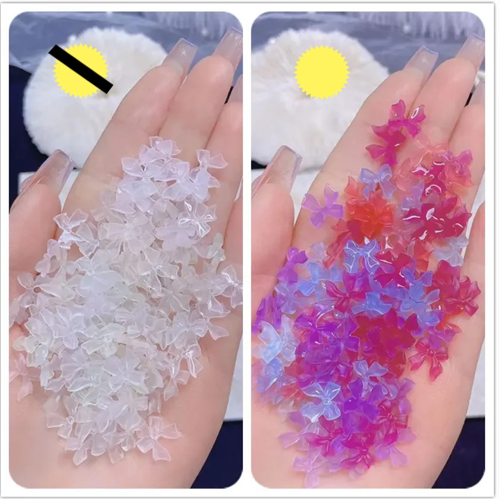 Sensitive Light Change Bow Nail Decorations 100Pcs UV Discoloration Translucent 3D Resin Bow Nail Jewelrys Parts DIY Nails #10mm