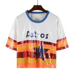 Summer Contrast Color Patchwork Geometry Letter Streetwear Short T-Shirt Sequins Hip Hop Night Club Women's Tops