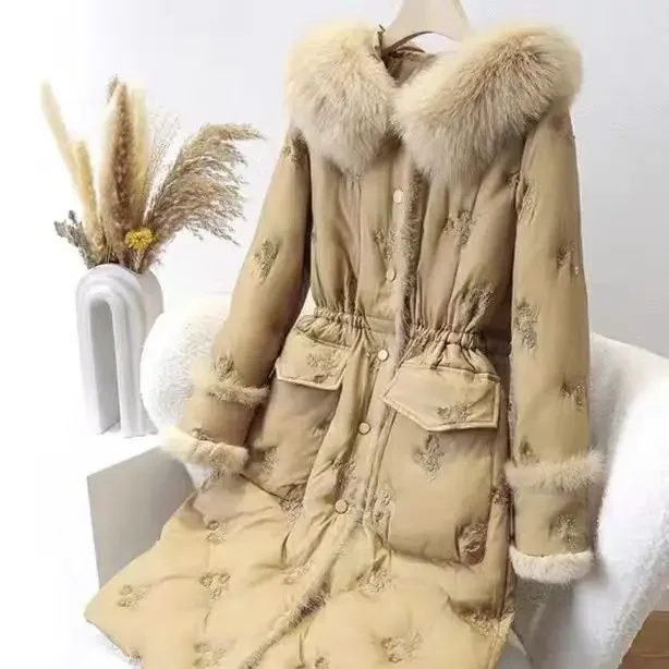 2024 Winter Women Real Animal Raccoon Fur Hooded White Duck Feather Down Coat , Woman Long Beige High Waisted Embroidery Coats