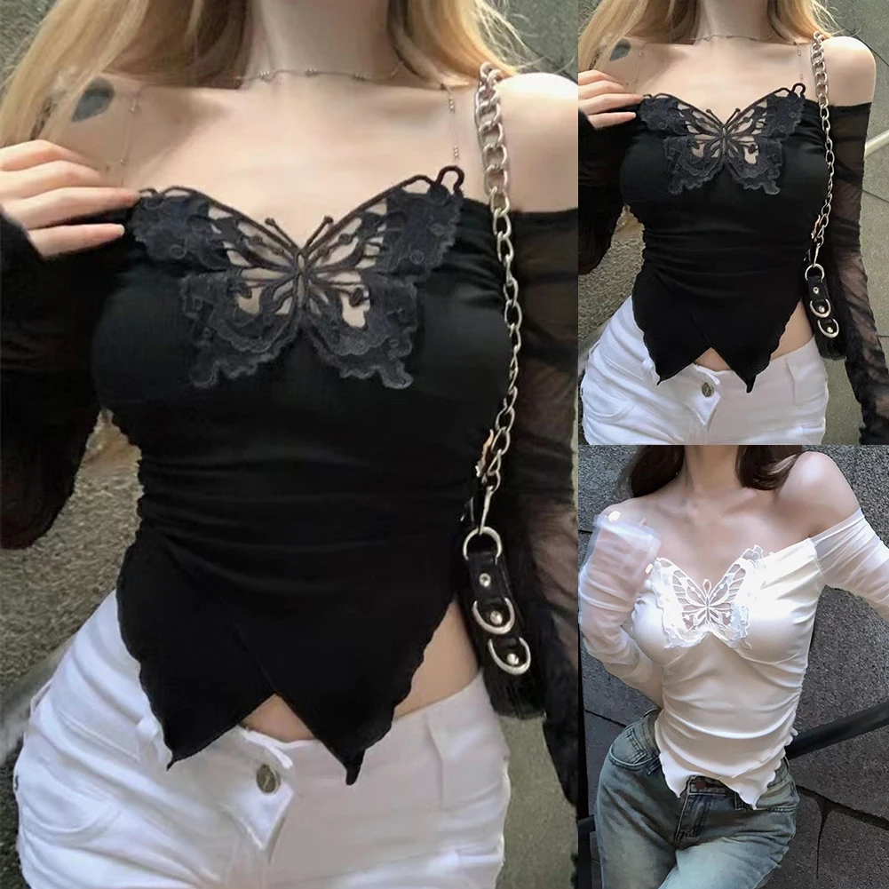 Modische schulterfreie schulterfreie T-Shirts im koreanischen Stil mit langen Ärmeln, schulterfreier Ausschnitt, Polyesterstoff, normale Länge