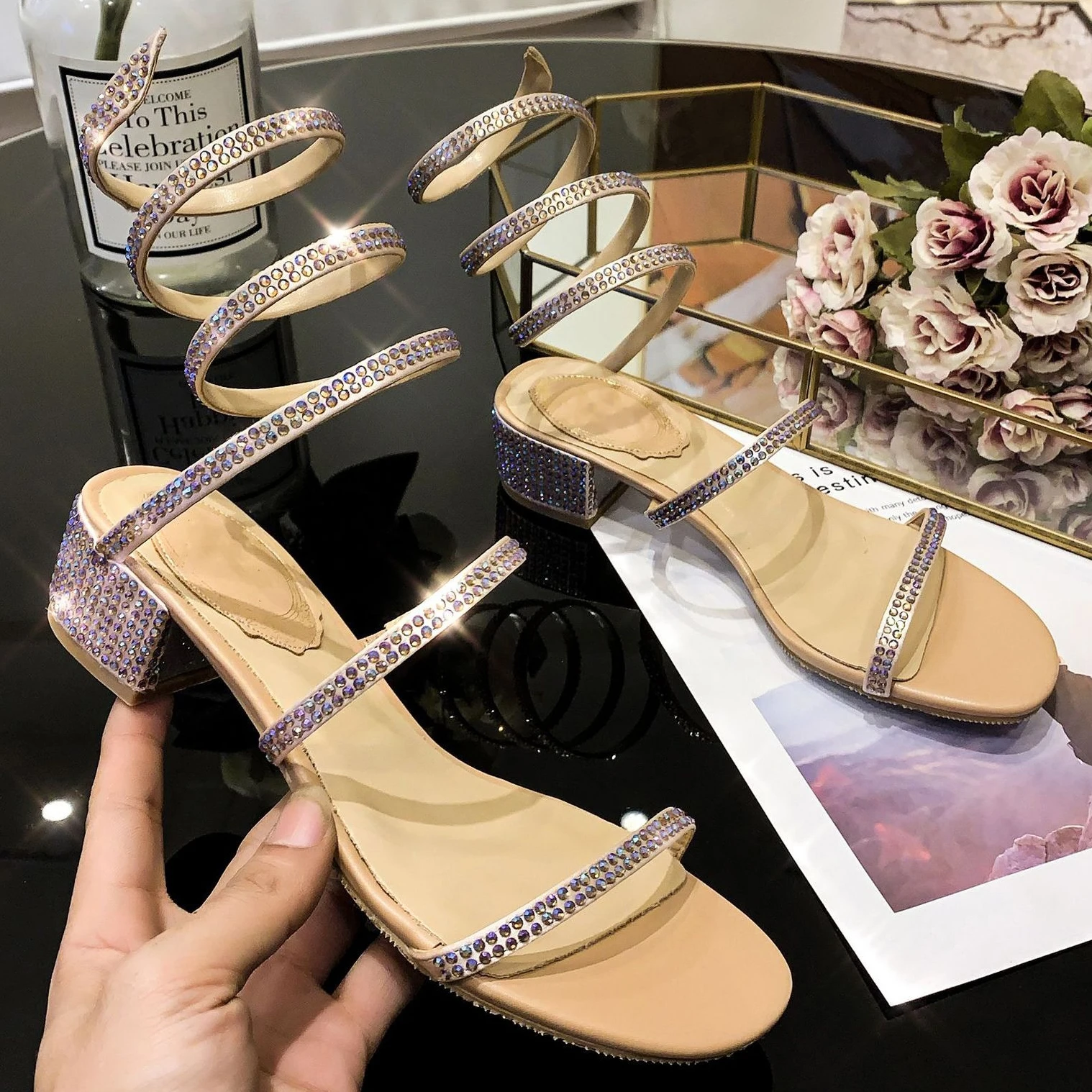 

【Measure your feet length before order】Women Block High Heel Strappy Sandal Crystal Round Toe Fashion Party Dress Shoe 87-CHC-33