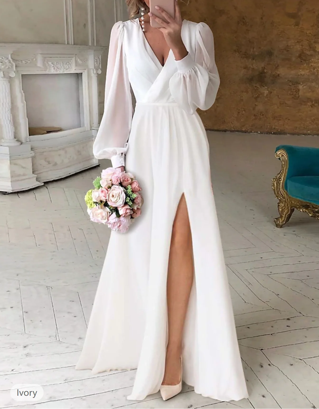 Reception Little White Dresses Simple Wedding Dresses A-Line V Neck Long Sleeve Floor Length Chiffon Bridal Gowns With Ruched