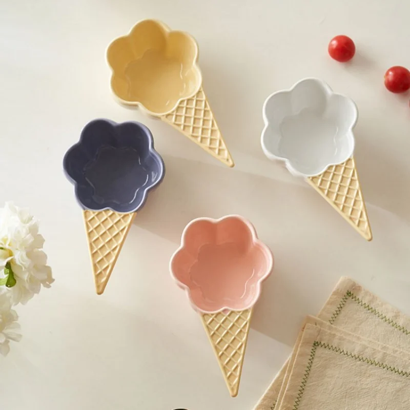 Ice Cream Shaped Ceramic Bowl Plates Creative Cone Handle Dessert Fruit Bowl Dishes Saucer Cartoon Trinket Seasoning Dish