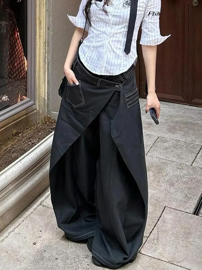 American Retro Plus Size Washed Fake Two-Piece Design Curved Knife Jeans Women'S Street Loose Wide Leg Pants
