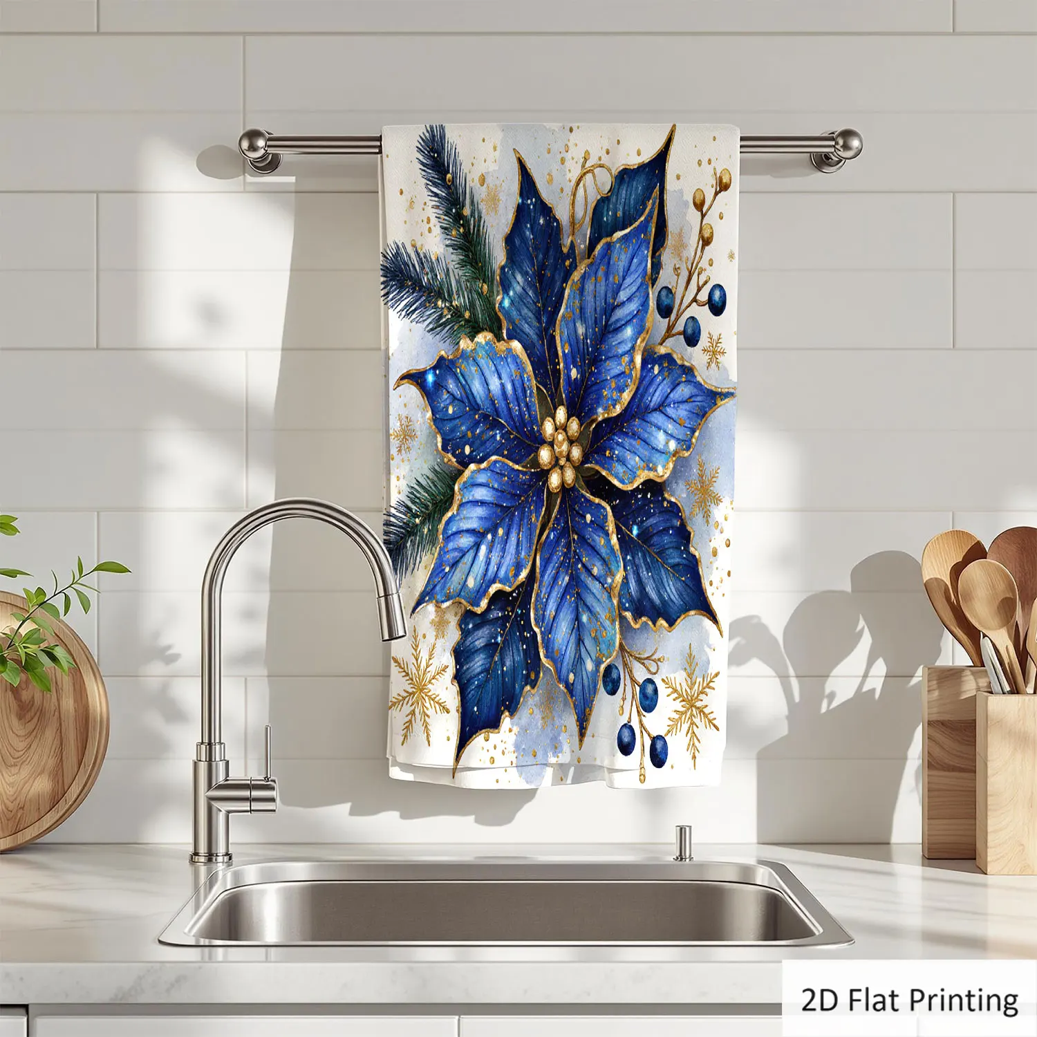 

1Pc Christmas Watercolor Style Poinsettia Fir Berries Blue Bathroom Hand Towel Bath Towel, Multiple Size Microfiber Polyester Towel, Unique Home Decorative Kitchen Towels, Festival Bathroom Accessories Decor, Quick Dry and Absorbent