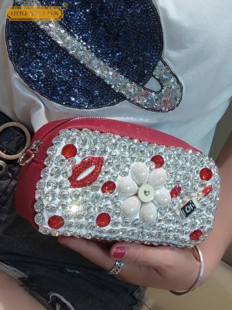 

Versatile Fashion Women Diamonds Single Shoulder Zip Split Leather Handbag Casual Crossbody Bag Ladies Solid Color Armpit Bags