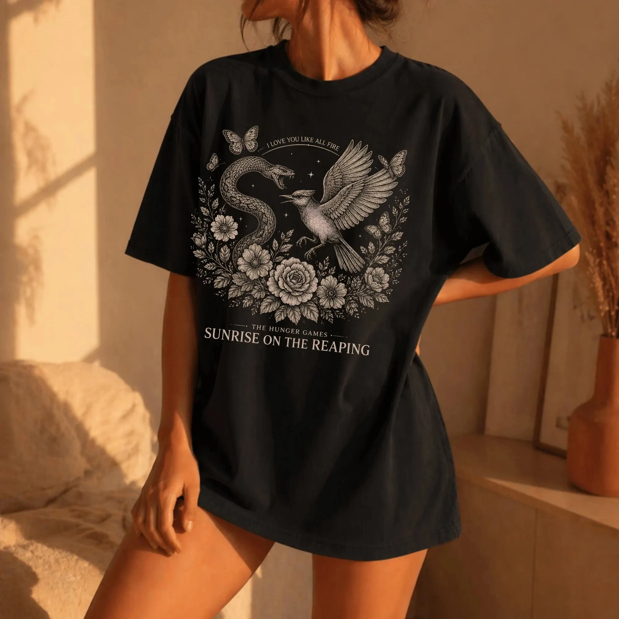 Sunrise on The Reaping Hunger Games T-Shirt Retro Snake Mockingjay Floral Print Oversized Gothic Aesthetic Unisex Casual Cotton