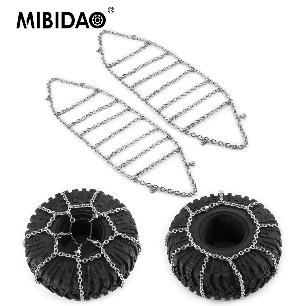 MIBIDAO 2Pcs Metal Anti-skid Tires Snow Chains for TRX-4 Axial SCX10 D90 1/10 RC Car Model 120/130mm 1.9 inch / 2.2 inch Wheels