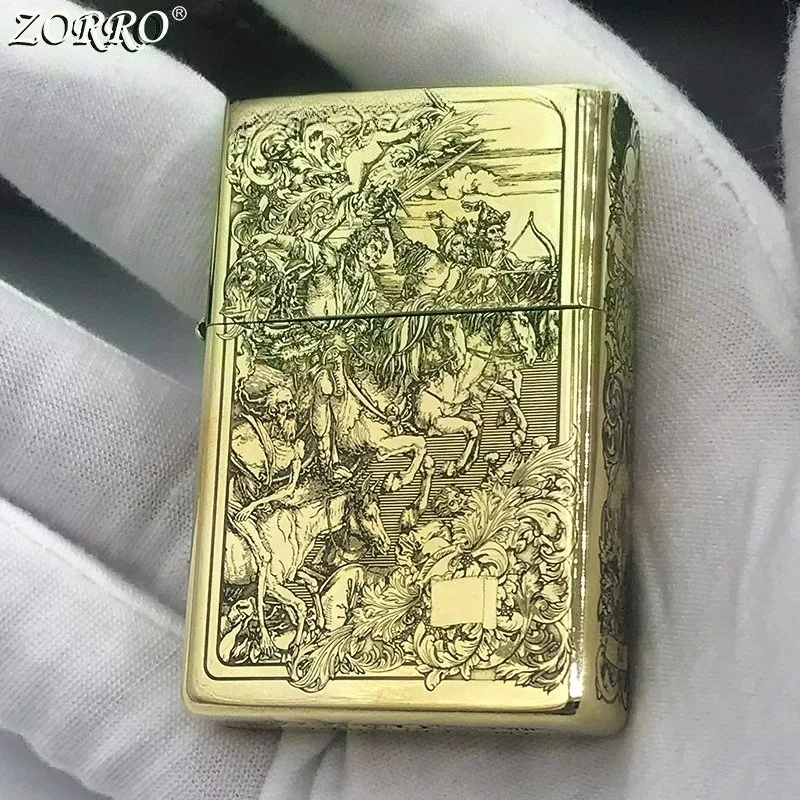 ZORRO New Tianqi Four Knights Kerosen Lighter Carved Windproof Grinding Wheel Flip Cover Flame Double Fire Gadgets for Men