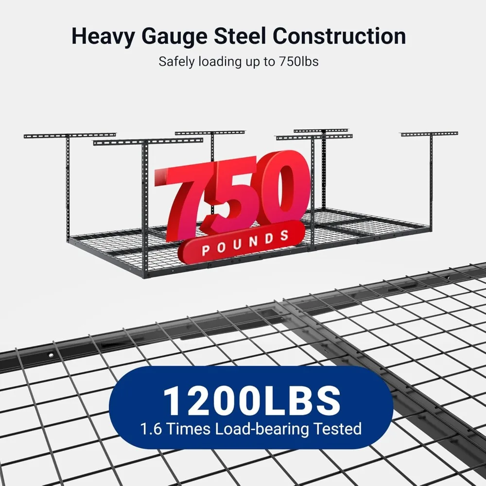 رف تخزين جراج علوي 4 × 8، نظام تنظيم قابل للتعديل، رفوف سقف معدنية شديدة التحمل، سعة وزن 750 رطل