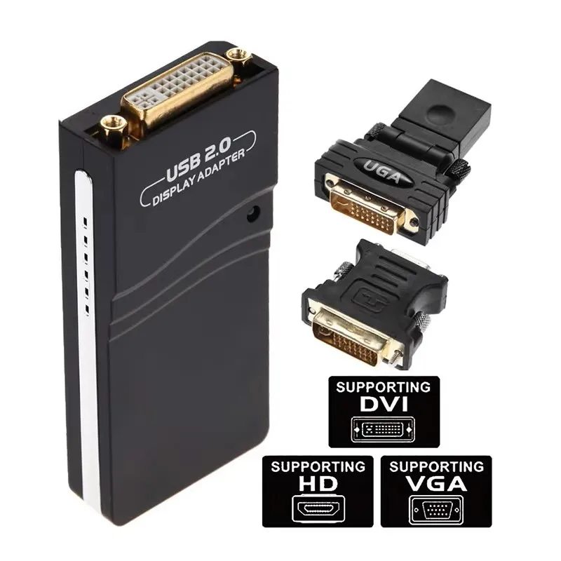 USB 2.0 to DVI/VGA/HD Port External Graphic Card Video Converter Multi-display Adapter for Windows MACOS PC Monitor Projector