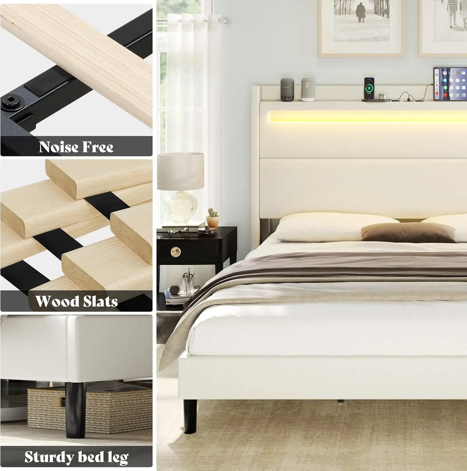 Quadro cama queen com luzes LED e Wingback Headboard, plataforma estofada, USB e USB-C Portas