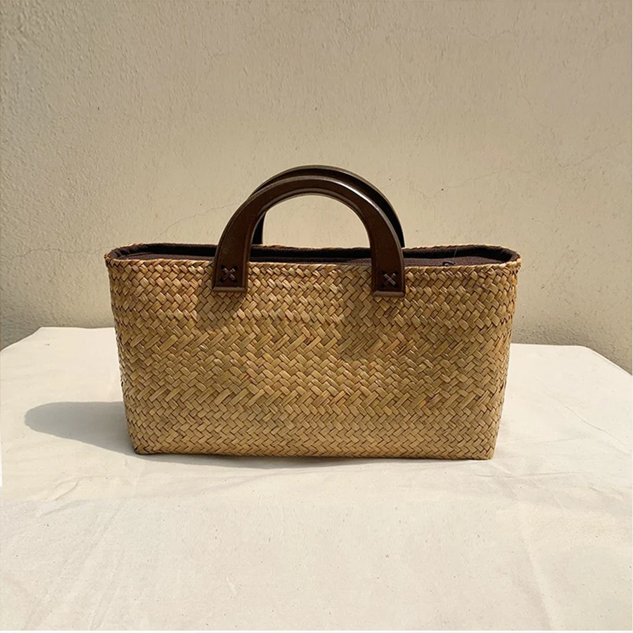 

2023 Exquisite Braided Straw Bag Summer Beach Totes Bag Wooden Handle Rattan Travel Bag Woven Clutch Purse And Handbags Bolsas