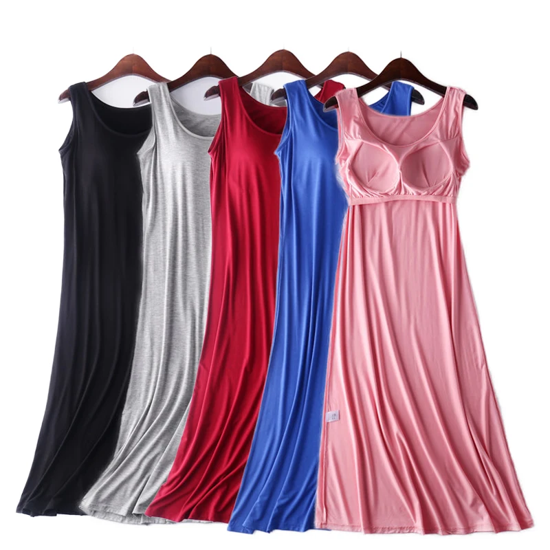 Women‘s Pajamas Sexy Nightwear Bra Padded Long Night Dress Summer Large Size Modal Cotton Nightgowns Woman Sleep Shirts 4XL