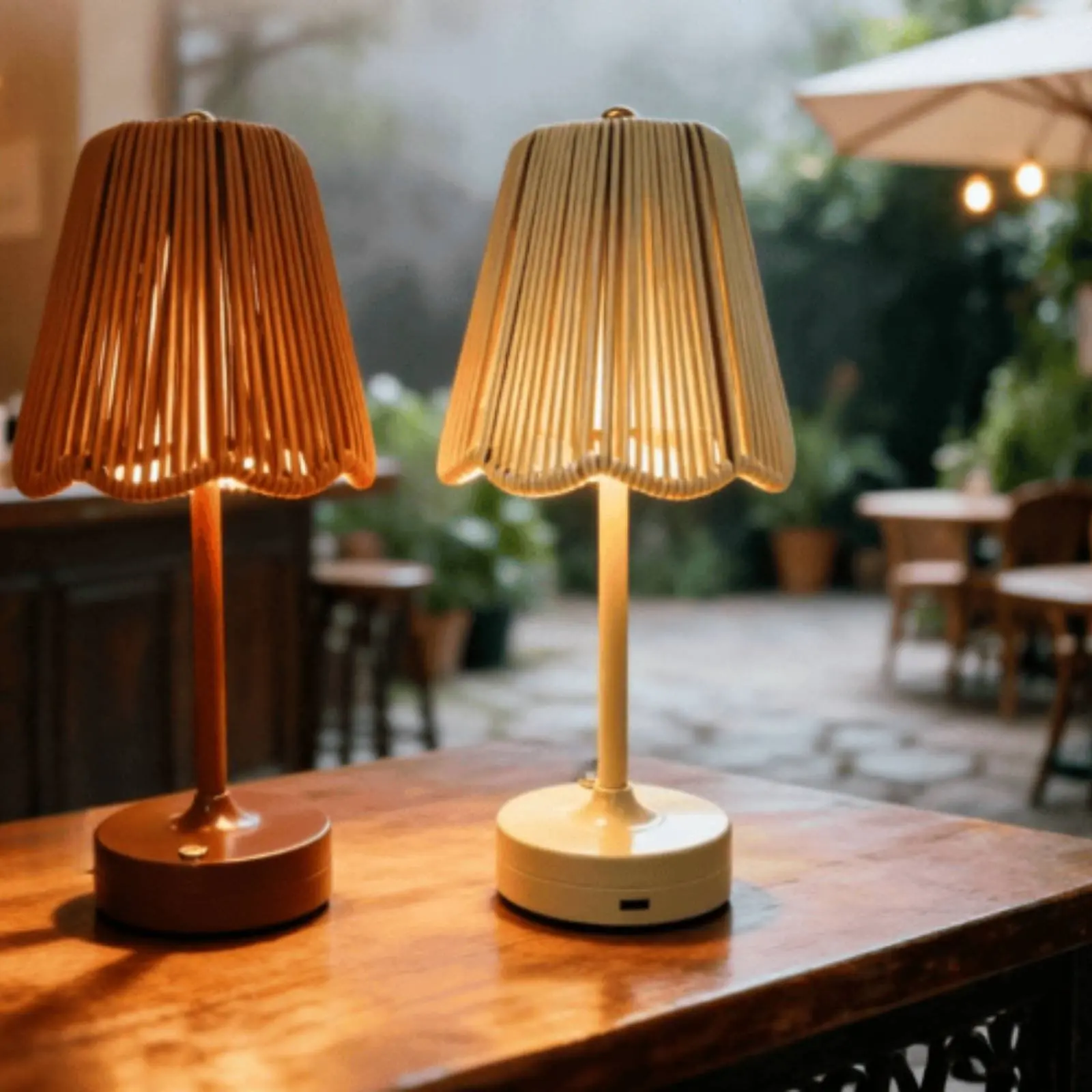 Rattan Table Lamp Handwoven Wireless Table Lamp Lighting Fixture Pleated Shade Cordless for Bar, Home Decor