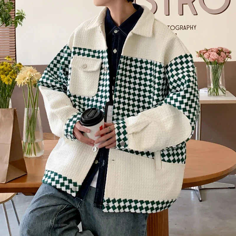 

Jackets Men Loose Daily Casual Couple Plaid Autumn Warm Pocket Streetwear Japanese Style Teenagers All-match Fashion Oversize