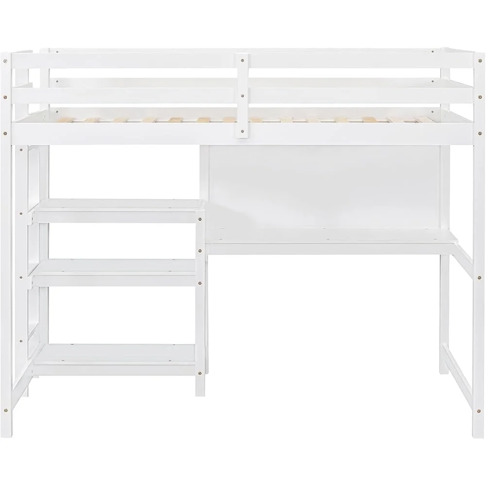 Двуспальная деревянная кровать-чердак со столом и доской для письма, 3 полки для хранения вещей под кроватью, коробка не требуется, пружина, полная сборка